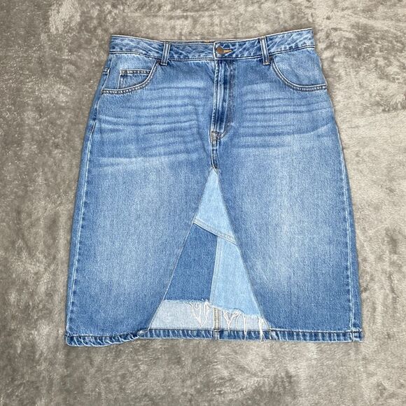 Patchwork Tri Denim Medium Wash Midi Skirt - Picture 3 of 10